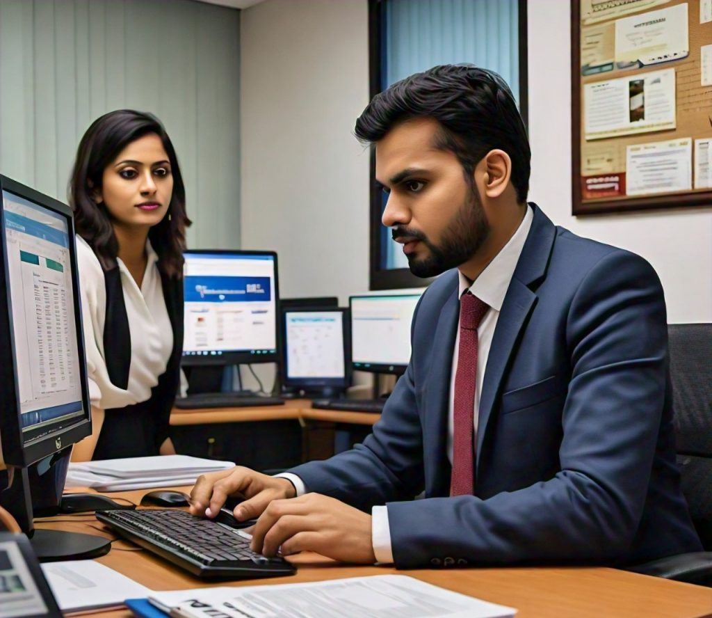 Visa consultants working at their desks with documents and computer screens showing visa applications. The office environment is clean and organized, reflecting a professional and efficient approach to handling visa services.
